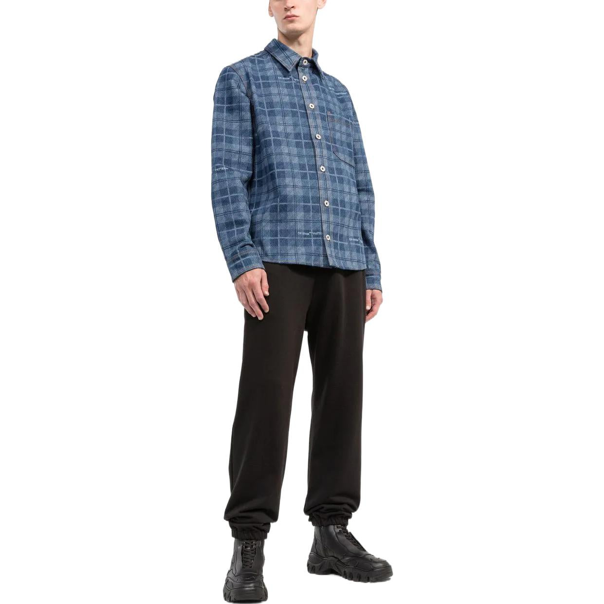 Men's Off-White SS22 Plaid Back Logo Printing Single Breasted Long Sleeves Ordinary Version Blue Shirt OMYD027G20DEN001450