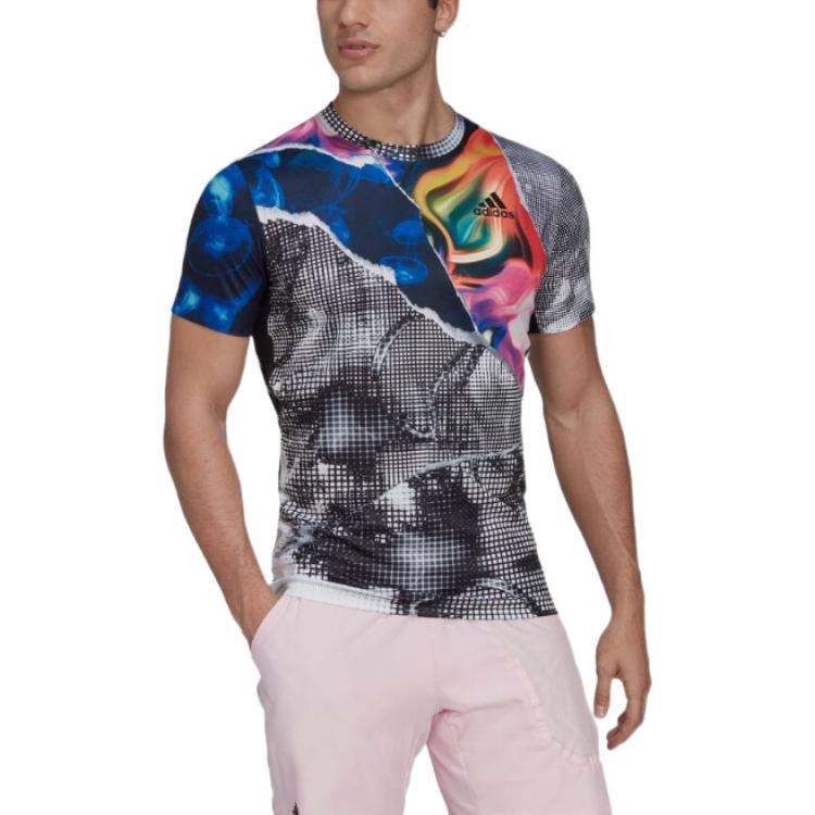 Men's adidas Pattern Full Print Logo Casual Round Neck Pullover Short Sleeve Multicolor T-Shirt HC8530