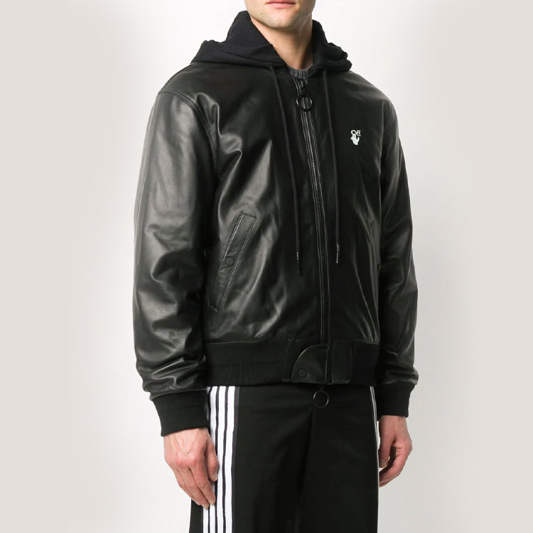 Off-White Logo Print Leather Bomber Jacket OMJA034E20LEA0011001