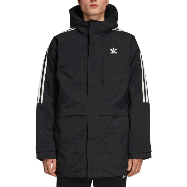 Men's adidas originals Side Logo Printing Zipper Hooded Down Jacket Black DH5024