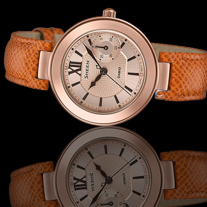 CASIO SHEEN Series Leatheres Business Golden Waterproof Rose Gold Analog SHE-3051PGL-7A
