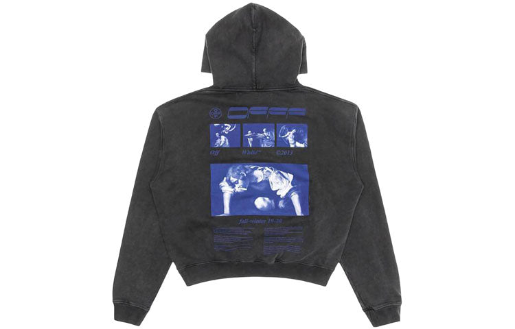 Men's Off-White Graphic Printed Drawstring Printing Hooded Long Sleeves Dark Grey OMBB037F19E300091030