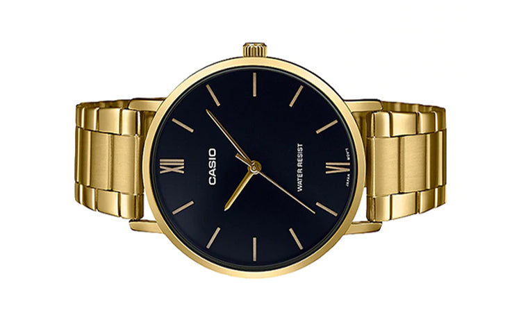CASIO Stainless Steel Strap Quartz Waterproof Black Dial Mens Black Analog MTP-VT01G-1B