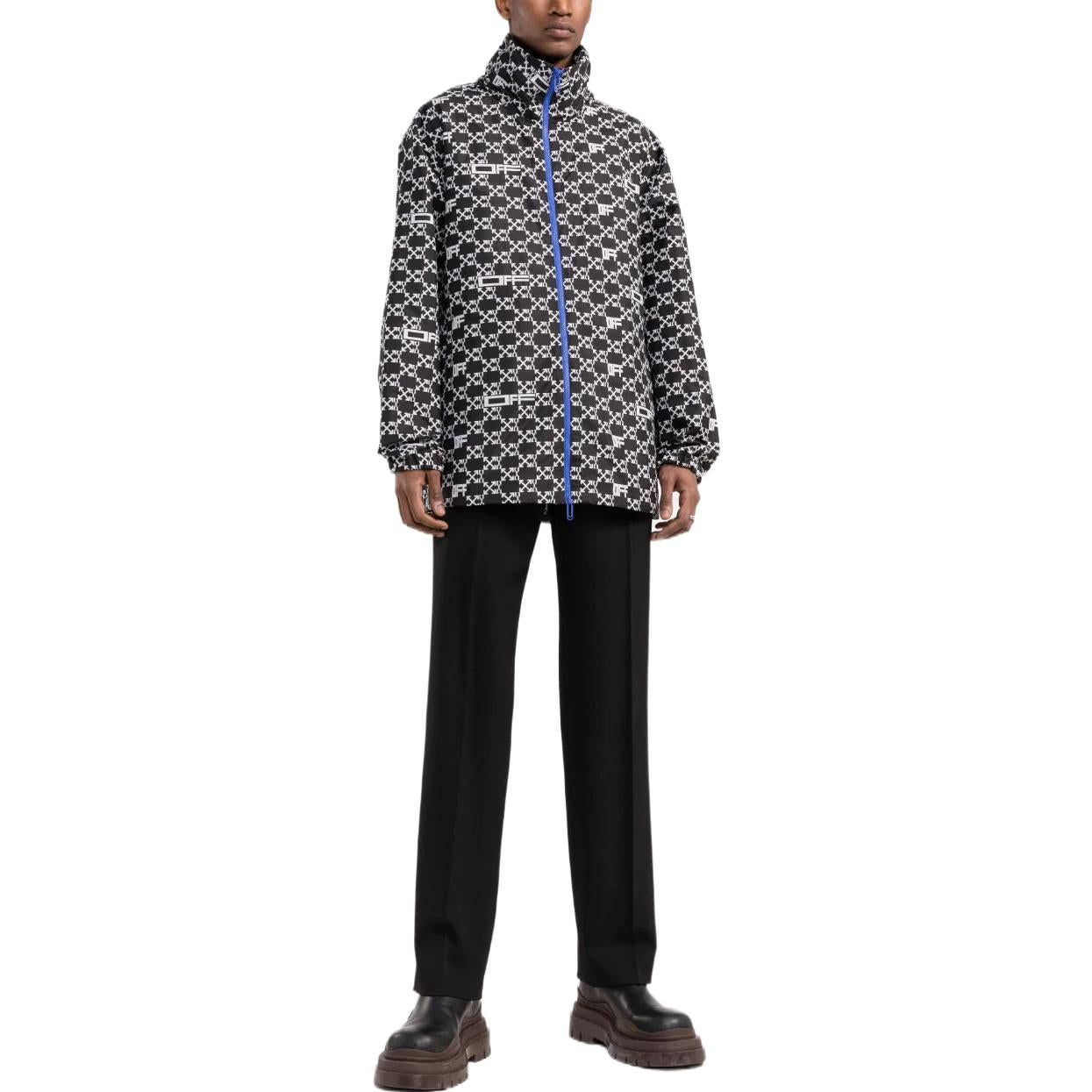 Men's Off-White SS22 Geometry Pattern Full Print Stand Collar Hooded Jacket Version Autumn Black OMEB034S22FAB0011001