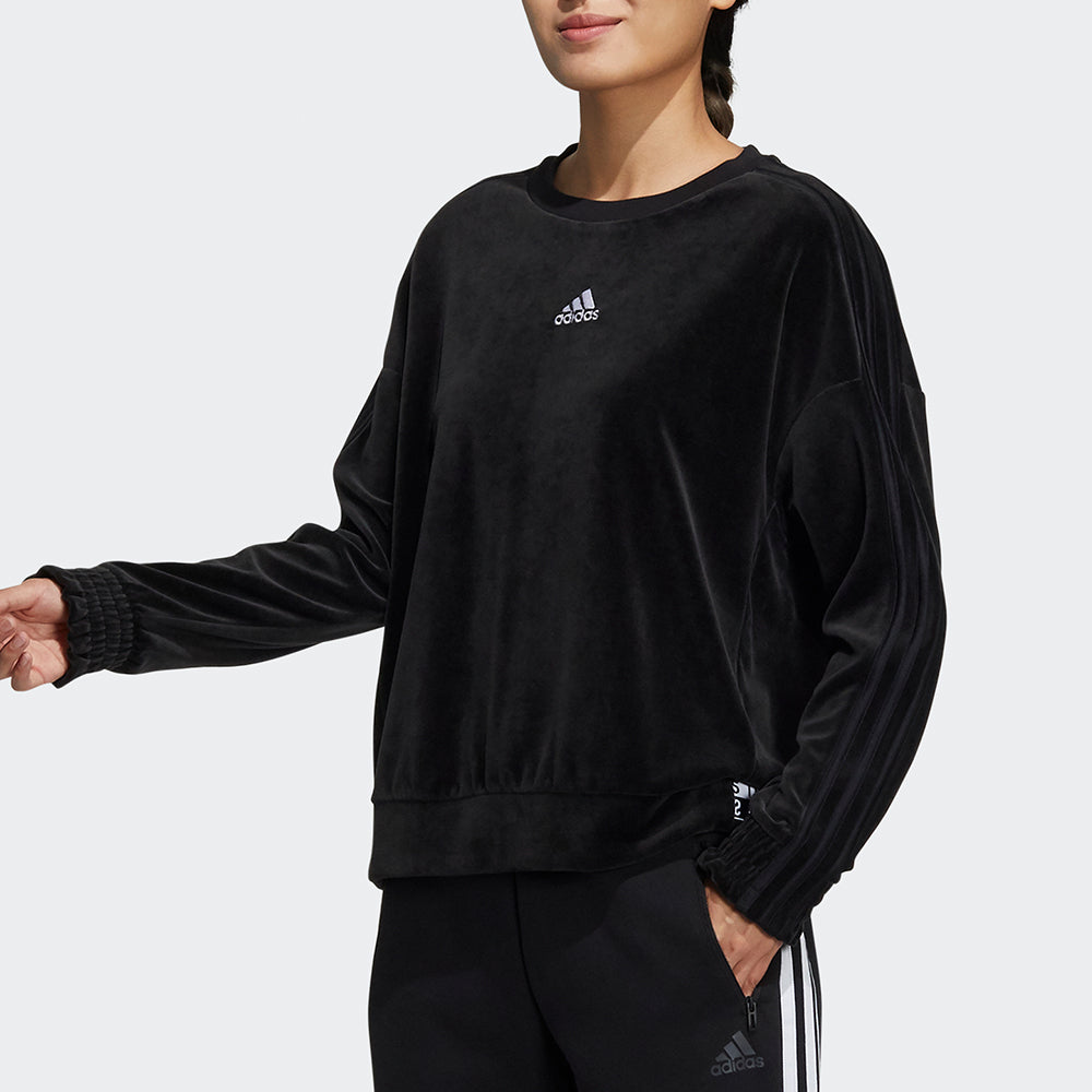 (WMNS) adidas Velour Crew Logo Round-Neck Swea Black HG1843