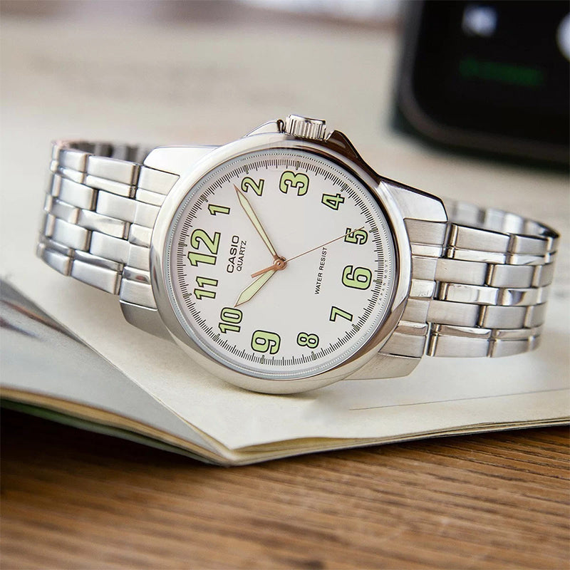 CASIO Waterproof Stainless Steel Strap Mens SilverWhite Analog MTP-1216A-7B