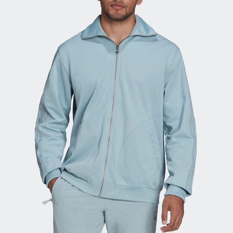 Men's adidas Solid Color Zipper Lapel Stripe Long Sleeves Light Blue HC4553