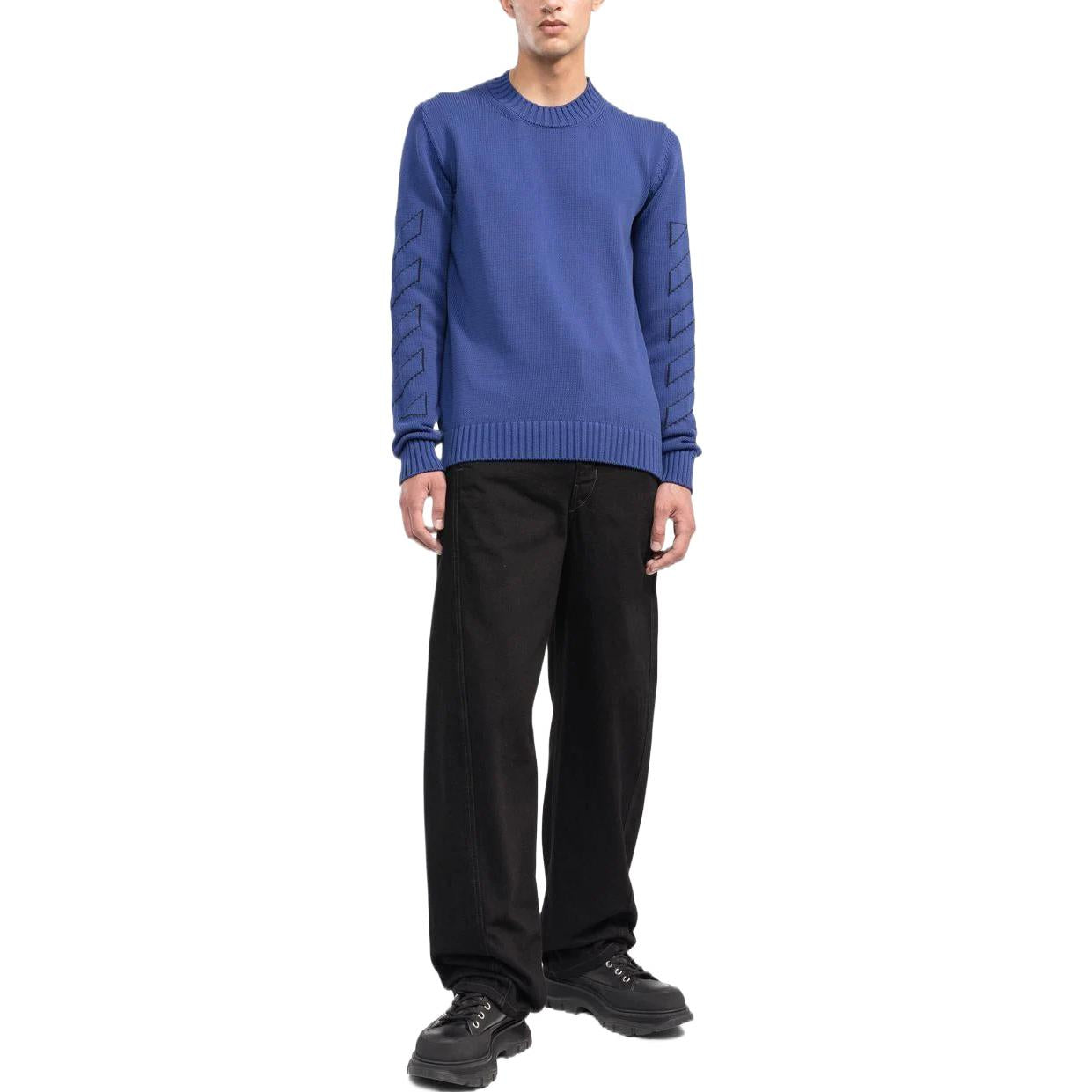 Men's Off-White FW22 Solid Color Logo Embroidered Round Neck Pullover Long Sleeves Wool Sweater Blue OMHE087F22KNI00145464546