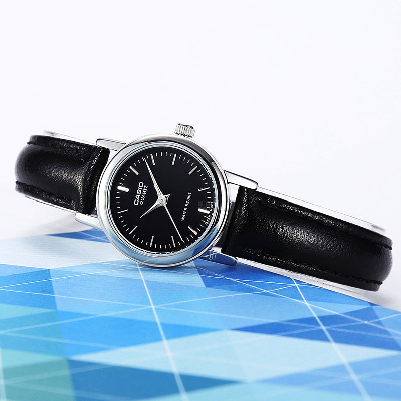 CASIO ins Influencer Fashion Business Casual Classic Pointers Waterproof Quartz Leather Strap Watch Black Analog LTP-1095E-1A