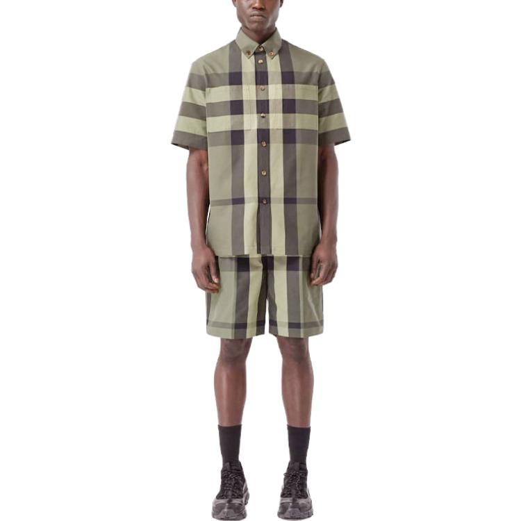 Men's Burberry SS21 Plaid Cotton Short Sleeve Shirt Green 80415411