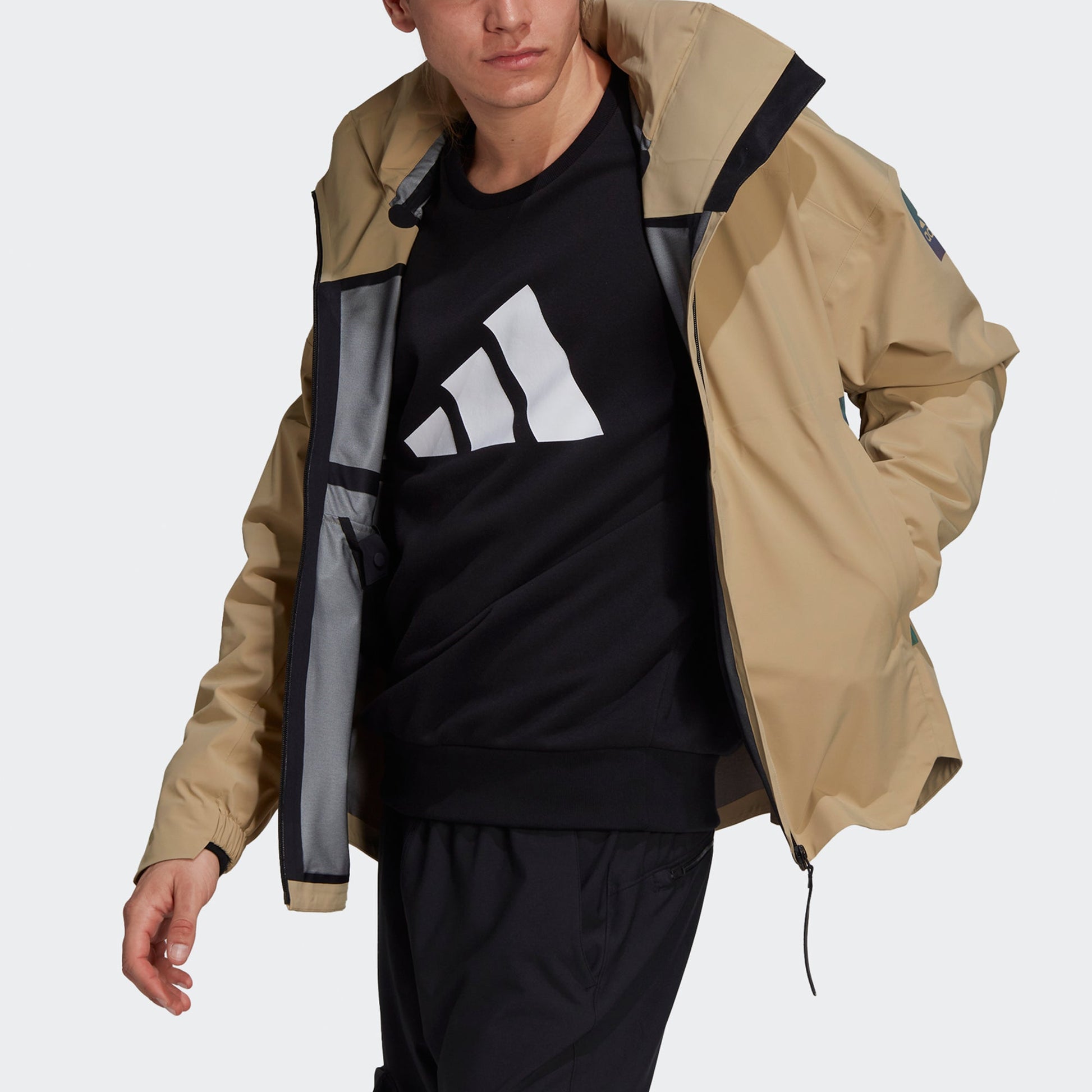 Men's adidas Myshelter Jkt Outdoor Sports Rainproof Loose Hooded Logo Khaki Jacket GT6574