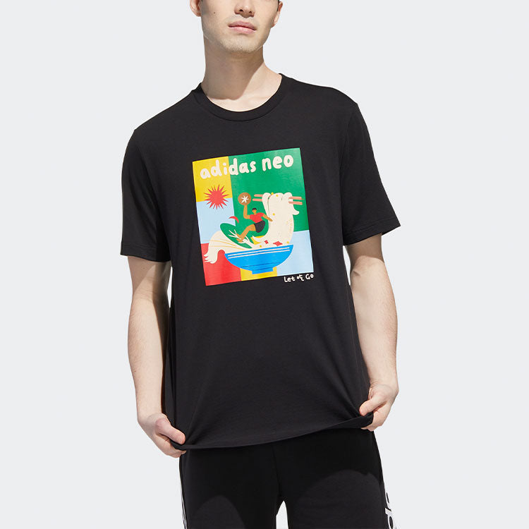 adidas neo M Fd Tee Cartoon Printing Casual Sports Round Neck Short Sleeve Black GP5814