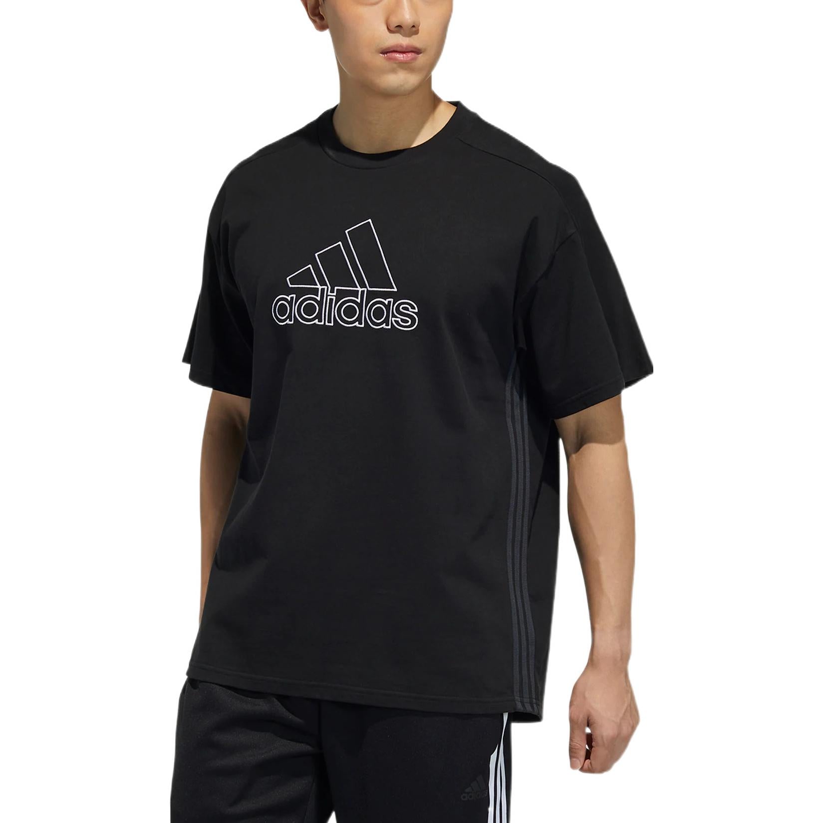 adidas Brand Logo Solid Color Stripe Breathable Short Sleeve Black HA3637