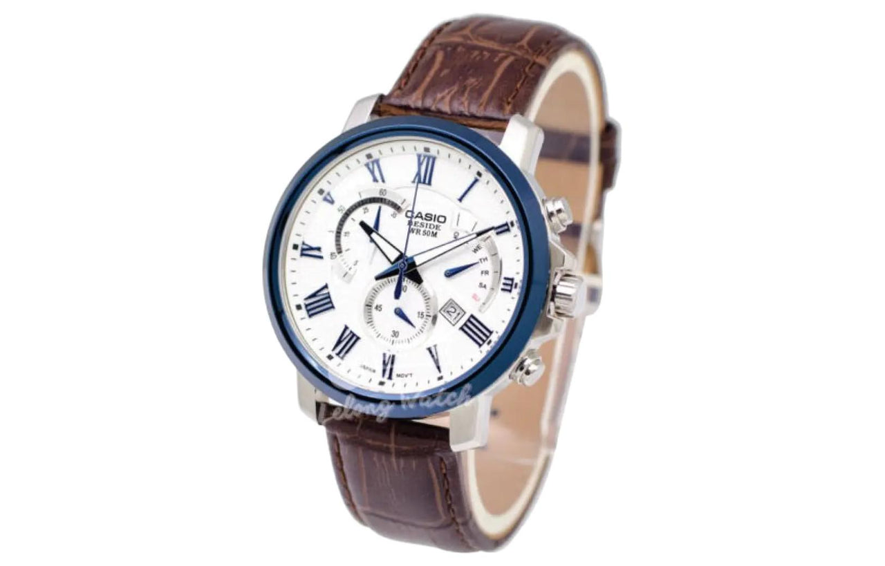 Men's CASIO Beside Leather Strap 50m Waterproof 44mm Japanese/Korean Style Watch Brown Mens White Analog BEM-520BUL-7A3