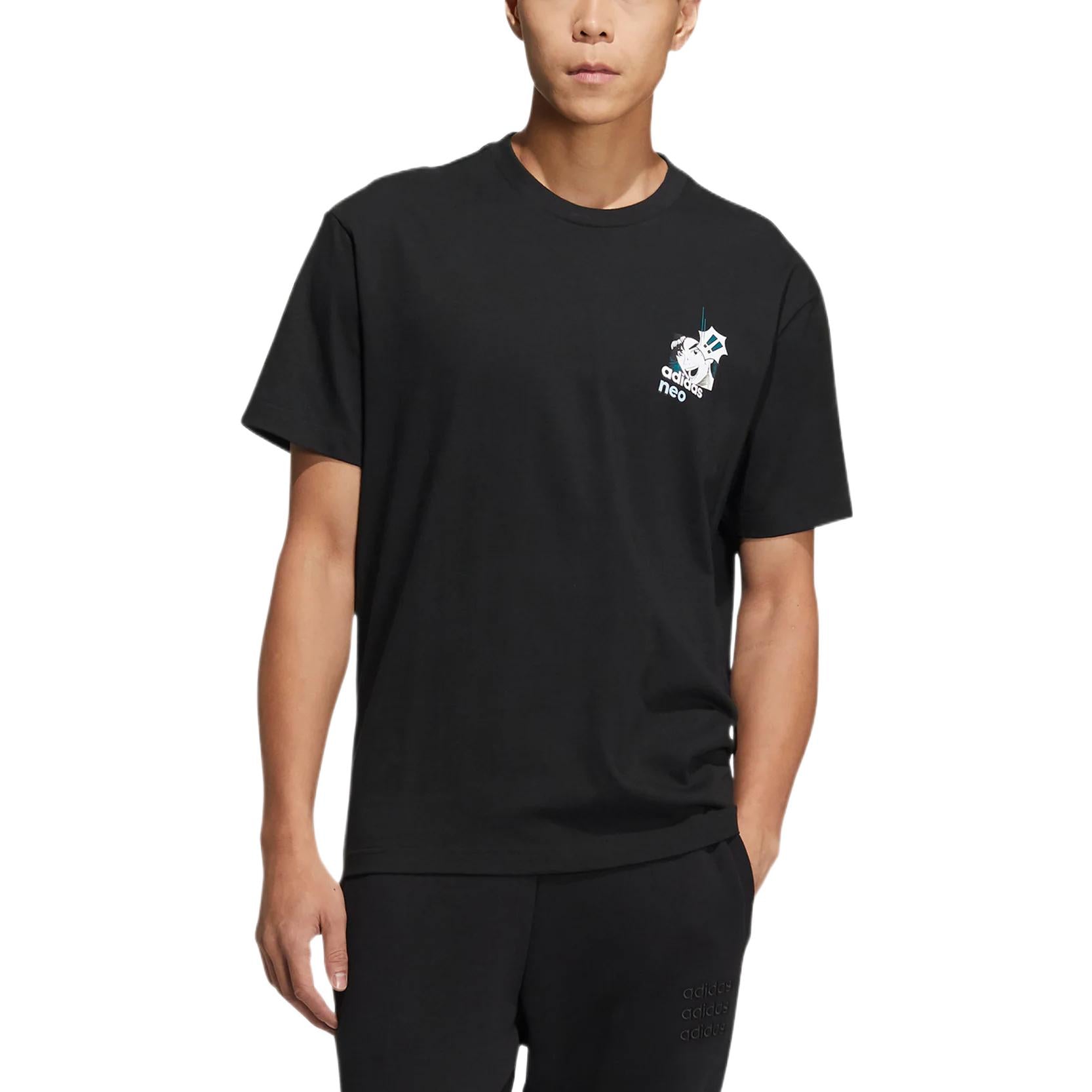 Men's adidas neo Cartoon Character Printing Logo Round Neck Short Sleeve Black T-Shirt HD4623