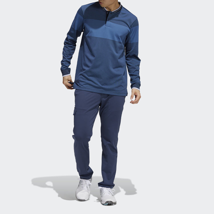 Men's adidas Sports Colorblock Pullover Long Sleeves Double Buckle Blue Polo Shirt GU5084