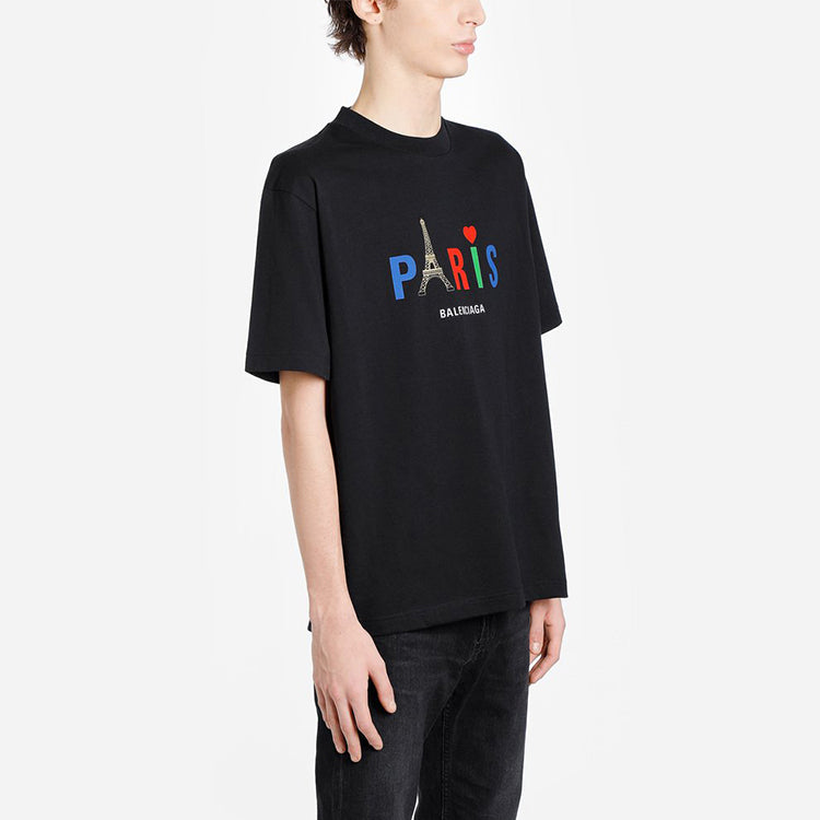 Men's Balenciaga Paris Love Regular T-Shirt Printing Short Sleeve Black 594579TGV431000