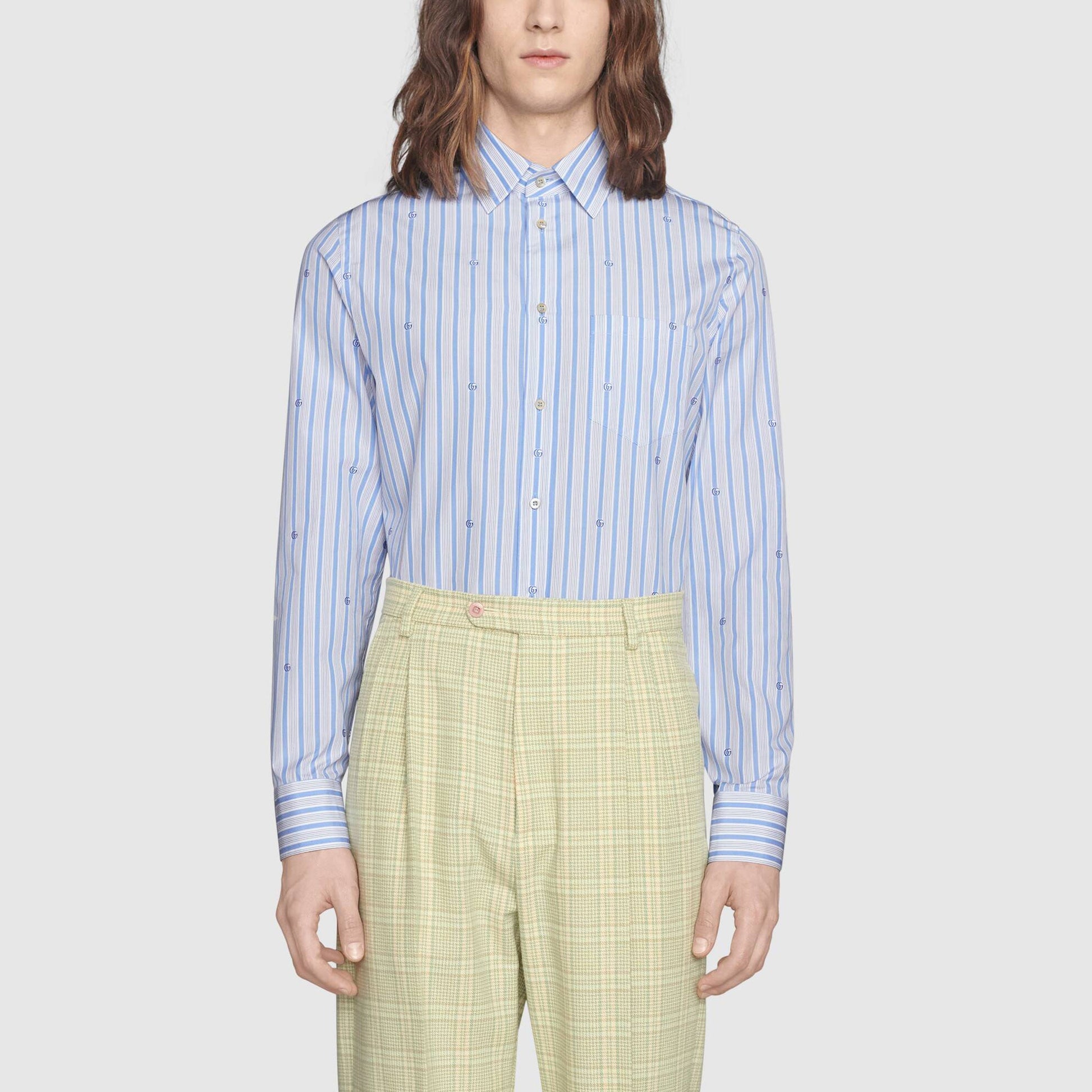 Men's Gucci SS21 Double G Full Print Stripe Long Sleeves Blue Shirt 659875-ZAGV5-9018