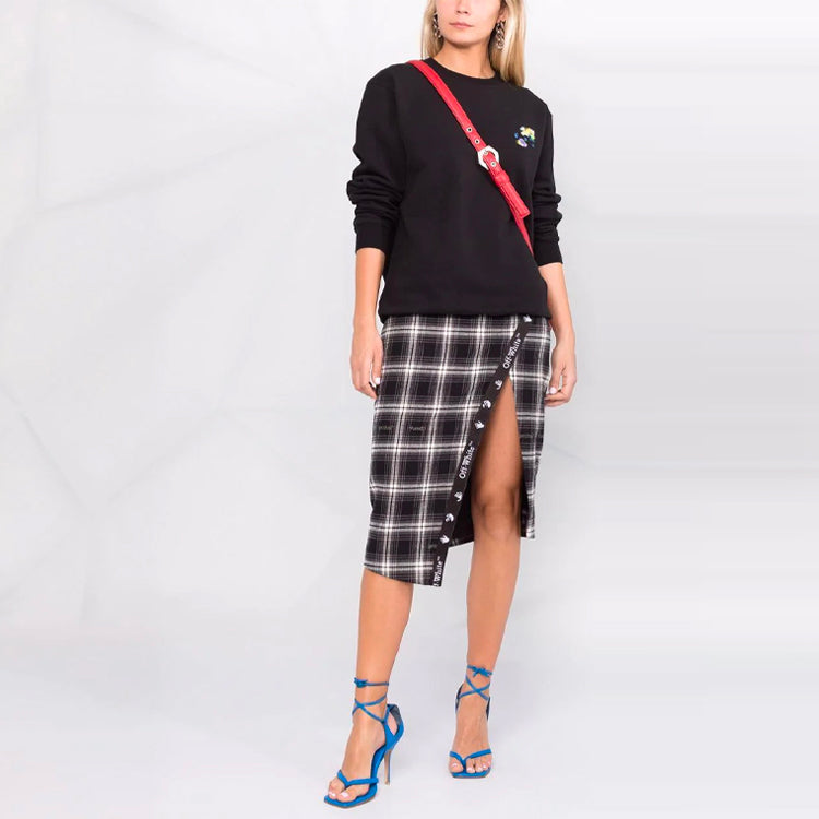 (WMNS) Off-White SS21 Plaid Flowers Printing Round Neck Long Sleeves Black Hoodie OWBA055S21JER0021001