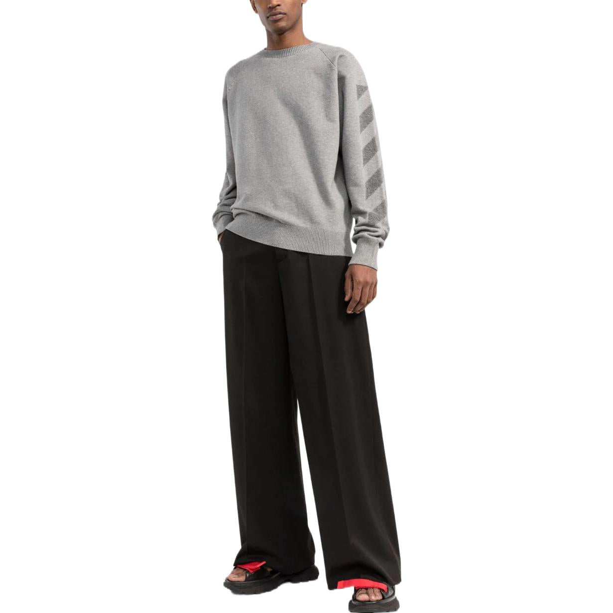Men's Off-White FW22 Stripe Arrow Logo Printing Round Neck Pullover Version Gray OMHE120C99KNI0010606