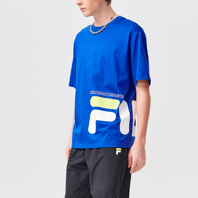 Men's FILA FUSION Contrasting Colors Logo Printing Loose Knit Sports Short Sleeve Blue T-Shirt T11M122114F-BU