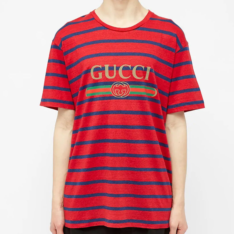 Gucci SS20 Mens Logo Red Blue Stripes Short Sleeve Tee 604177-XJB6W-6090