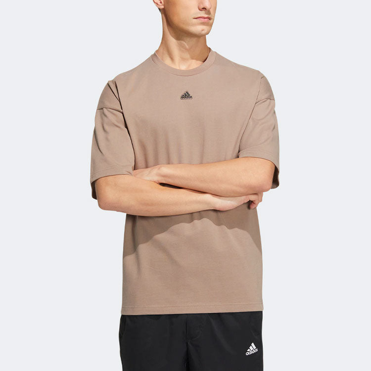 Men's adidas Solid Color Logo Round Neck Sports Short Sleeve Gray Brown T-Shirt HS4380