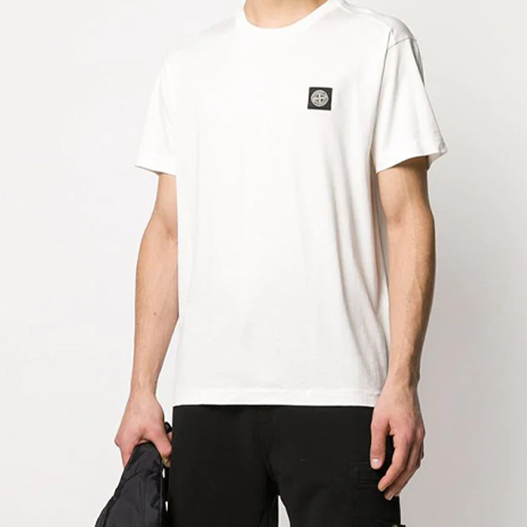 Men's STONE ISLAND Garment Dyed Patch Logo Tee Chest logo Short Sleeve White 721524113-V0093