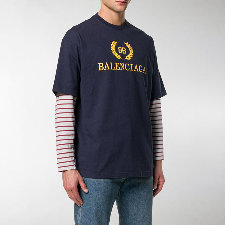 Men's Balenciaga Logo Round Neck Short Sleeve Navy Blue 535622TAV044128