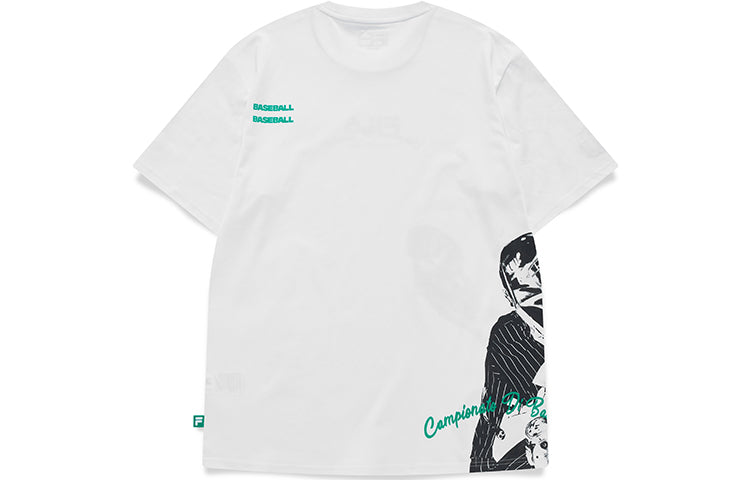 Men's FILA FUSION Baseball Sports Printing Knit Loose Short Sleeve White T-Shirt T11M132109F-WT