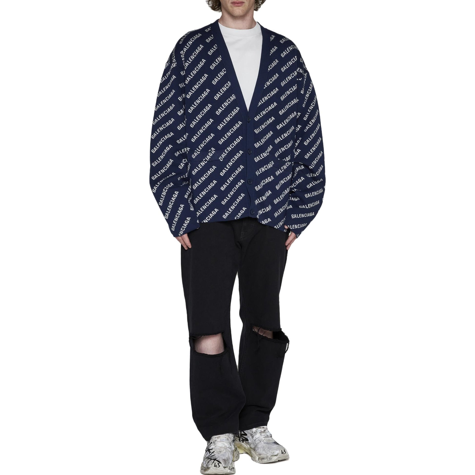 Balenciaga Allover Logo Knit Cardigan 'Blue White' 736248T32338502