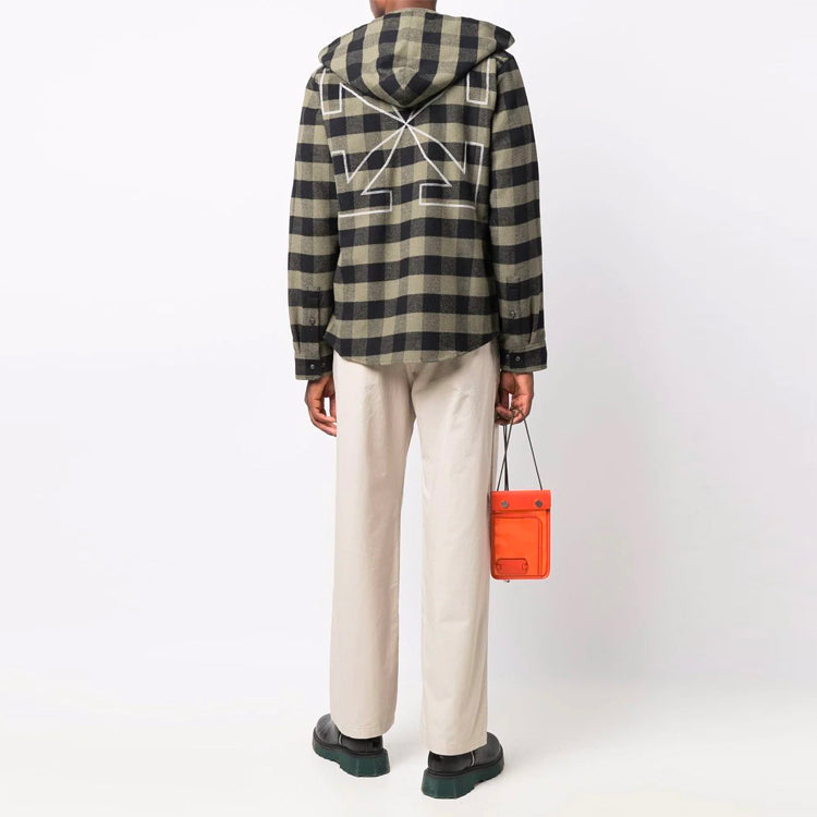 Off-White FW21 Arrow Pattern Logo Printing Plaid hooded Long Sleeves Shirt Version Green OMGA125F21FAB0011001