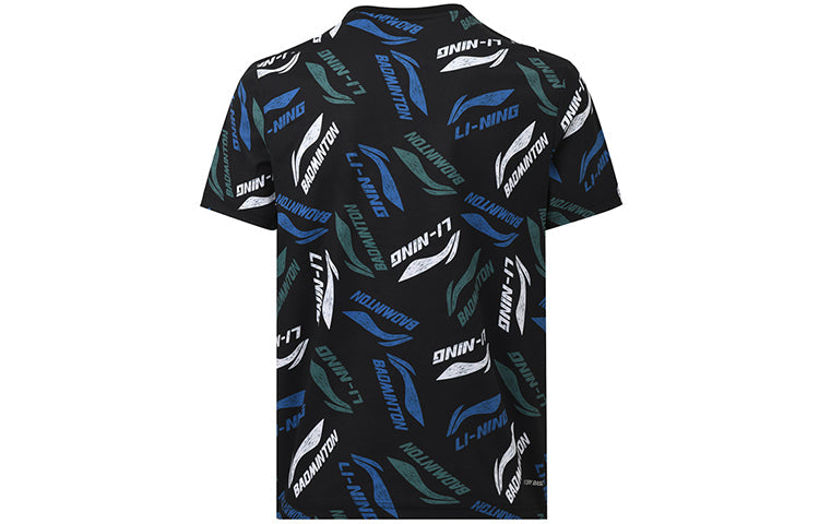Li-Ning Badminton Series Full Print Logo Quick Dry Round Neck Short Sleeve Black AHSR867-2