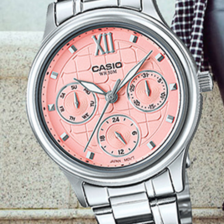 CASIO Waterproof Quartz Three Eyes Pink Dial 38mm Stainless Steel Strap Watch Analog LTP-E306D-4AVDF