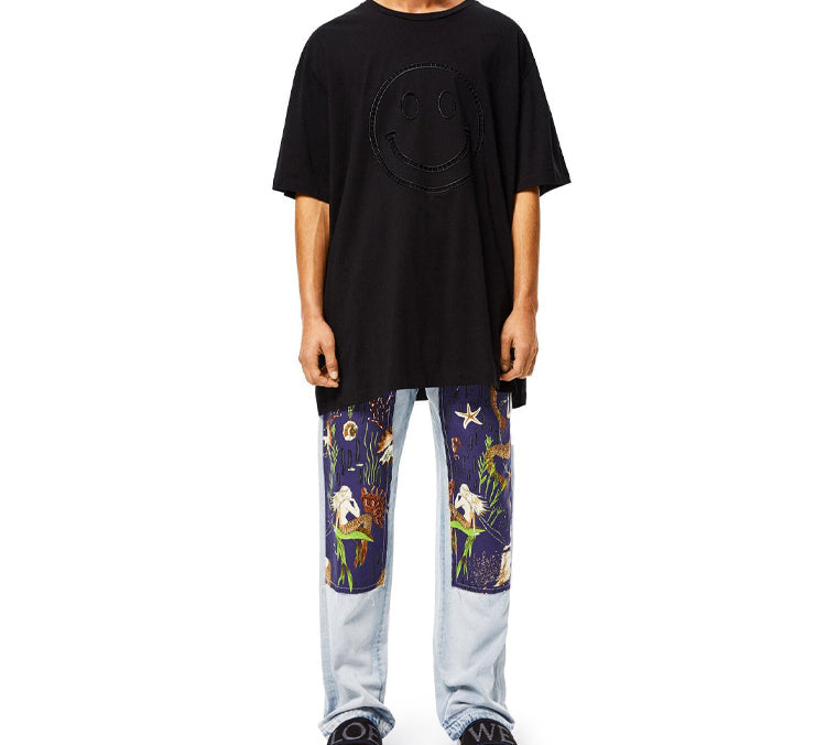 LOEWE Embroidered Smiley Pattern Loose Short Sleeve Unisex Black S616341X20-1100