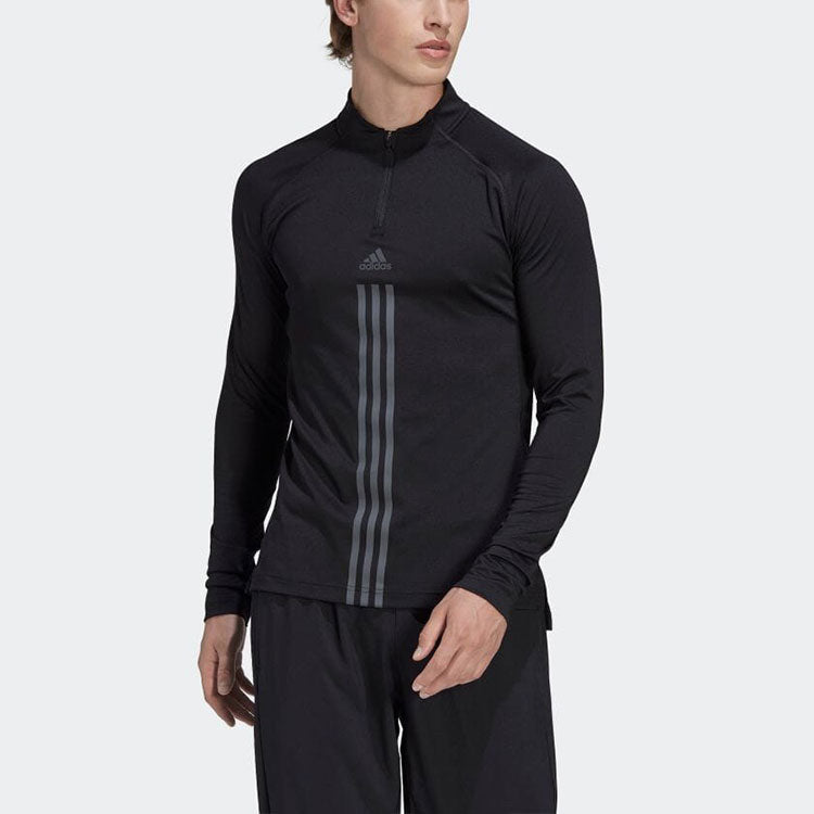 Men's adidas Half Zipper Stripe Logo Printing Sports Long Sleeves Black T-Shirt HY1023