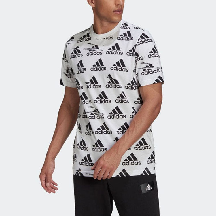 Men's adidas Logo Full Print Round Neck Pullover Short Sleeve Japanese Version White T-Shirt HE1786