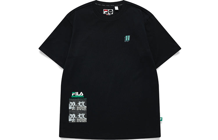 Men's FILA FUSION Subject Pattern Printing Knit Loose Sports Short Sleeve Black T11M132106F-BK