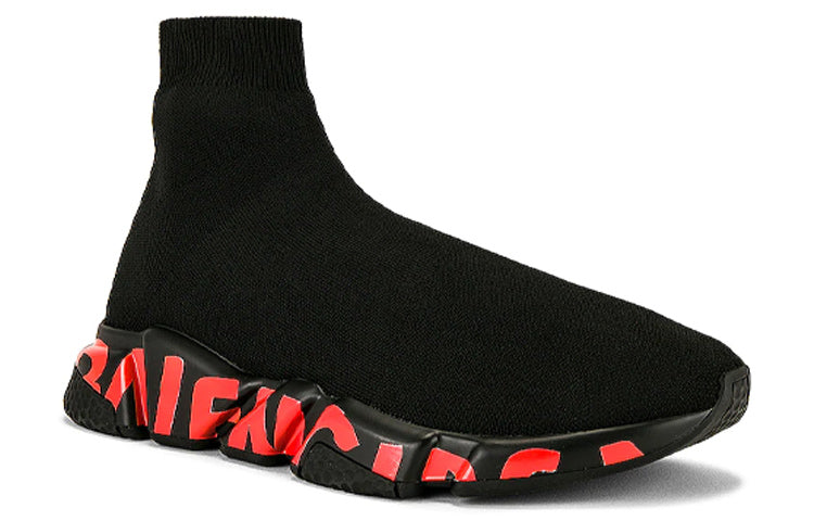Balenciaga Speed 2.0 Sneakers 'Black Knit with Red Graffiti and Black Sole Unit' 645334W2DBY1016