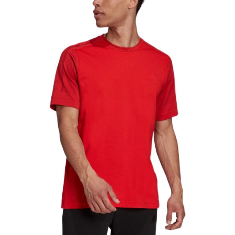Men's adidas Solid Color Logo Label Round Neck Pullover Short Sleeve Japanese Version Red T-Shirt H08193