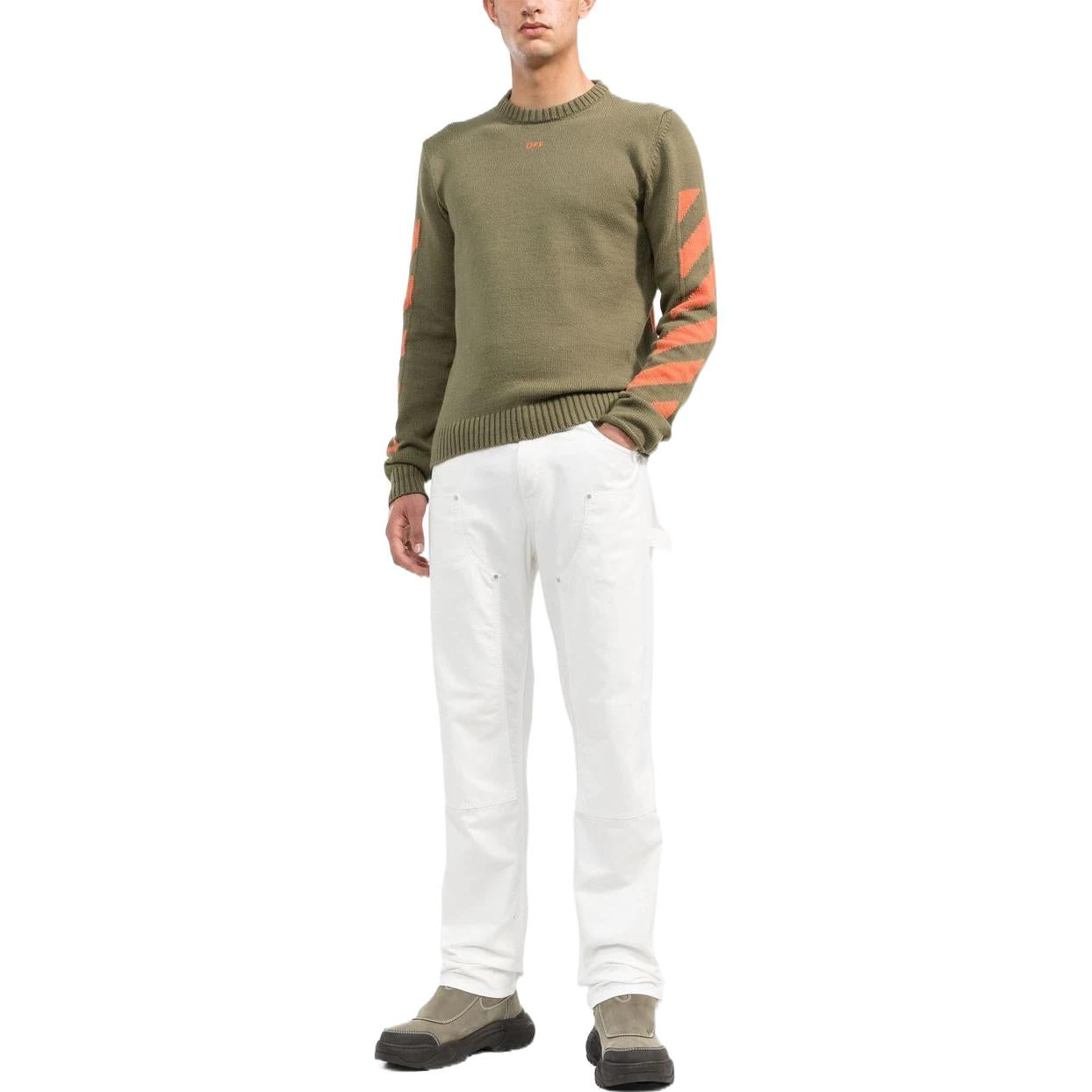 Men's Off-White Logo Pattern Round Neck Pullover Slim Fit Version Green OMHE023F22KNI0015620