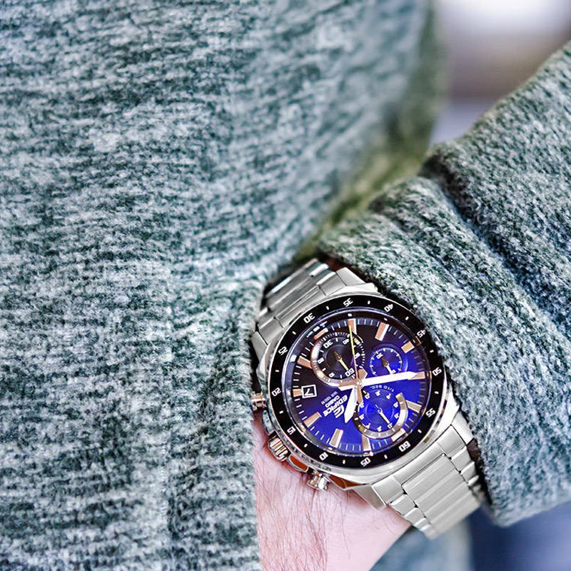 Men's CASIO EDIFICE Series Minimalistic Stainless Steel Strap waterproof Watch Business Mens Blue Analog EFV-600D-2