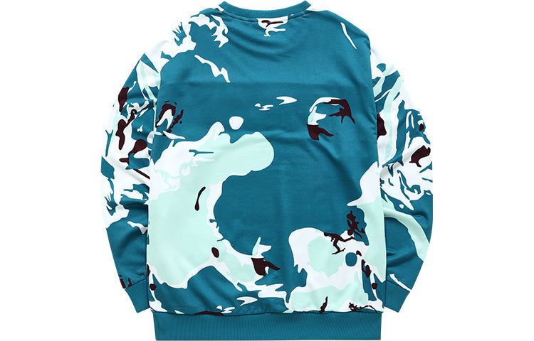 Men's FILA FUSION Logo Contrast Color Stitching Camouflage Loose Sports Round Neck Pullover Blue Sole T11M133201F-BU