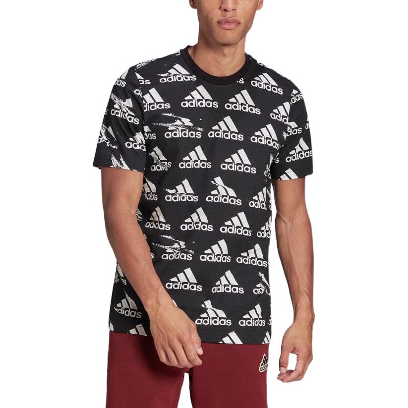 Men's adidas Logo Full Print Round Neck Pullover Short Sleeve Japanese Version Black T-Shirt HE1788
