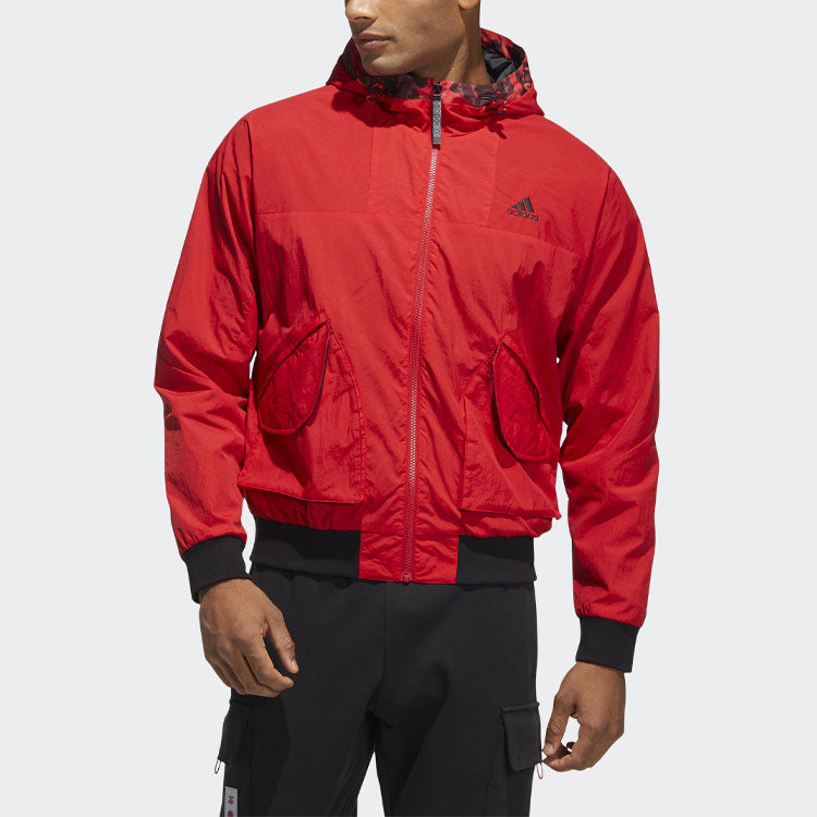 Men's adidas Logo Printing Solid Color Hooded Long Sleeves Jacket Red HC0267