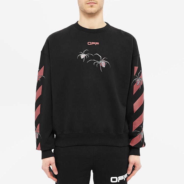 Men's Off-White Logo Spider Printing Round Neck Long Sleeves Black OMBA035S20E300011024