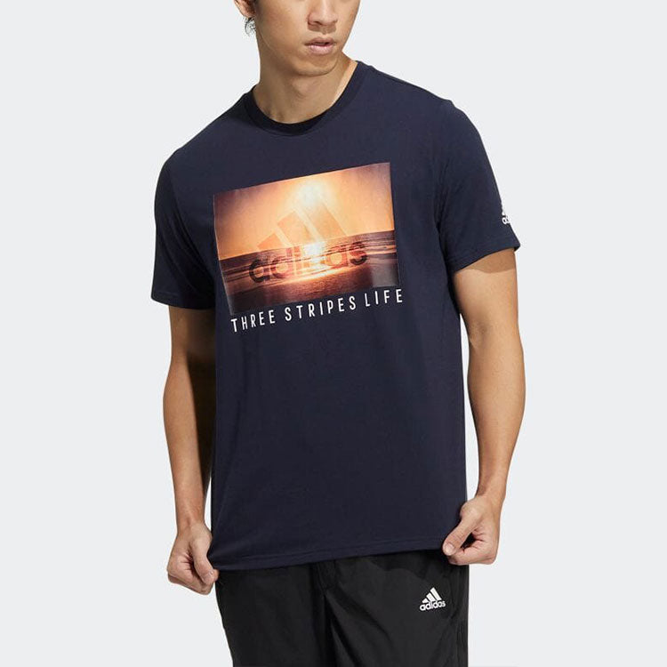 adidas Logo Sunset Printing Round Neck Short Sleeve Navy Blue HN0403