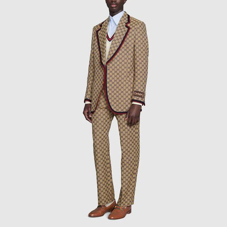 Men's Gucci SS21 Leather Interlock Double G Canvas Long Pants/Trousers Beige 658090-Z8AOV-9078