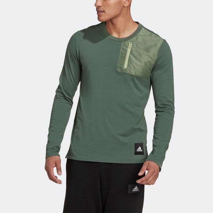 Men's adidas Solid Color Zipper Pocket Long Sleeves Green T-Shirt HN1662