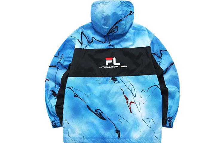Men's FILA FUSION x FUTURA Crossover Splash Ink Full Print Woven Sports Hooded Jacket Blue T11M138704F-BL